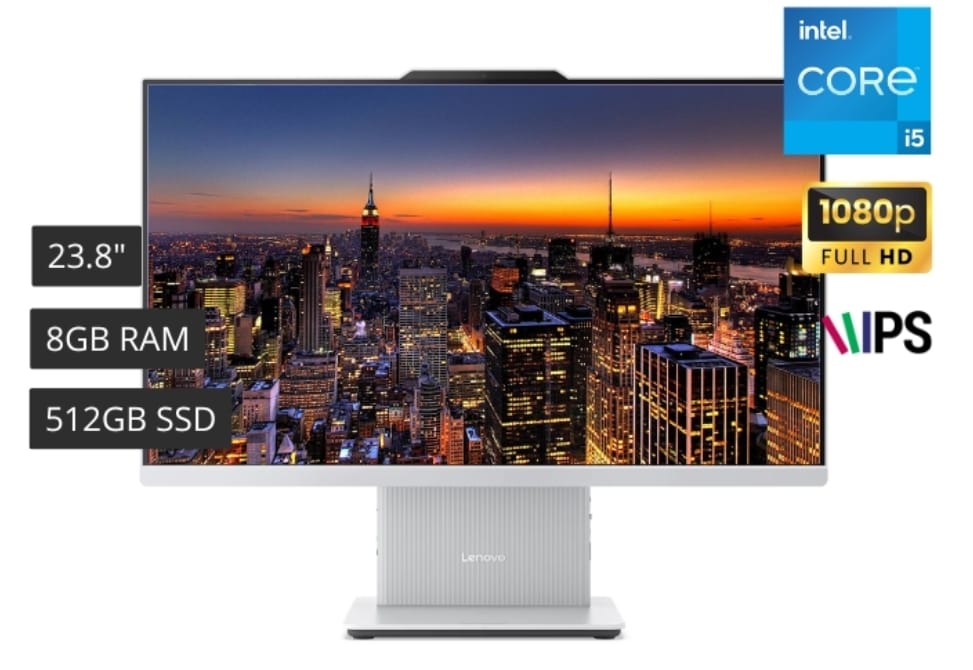 Lenovo IdeaCentre AIO 24IRH9, Core I5-13420H 3.4 - 4.6GHz, 8GB DDR5, 512GB SSD, 23.8 FHD IPS, WiFi, Bluetooth, Webcam 5.0MP + IR, FreeDOS, Cloud Grey, Teclado y Mouse Calliope USB Blanco